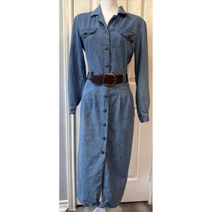 VTG Casual Corner Long Sleeve Dress Blue Jean Denim Snap Front Maxi Western 8P